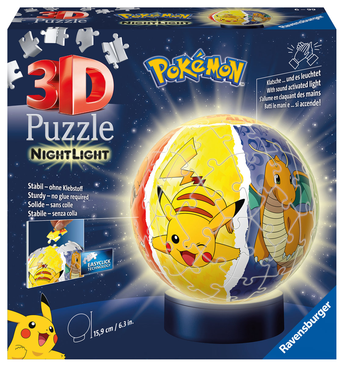 Ravensburger 3D Puzzle 11547 - Nachtlicht Puzzle-Ball Pokémon - 72 Teile - für Pokémon Fans ab 6 Jahren, LED Nachttischl