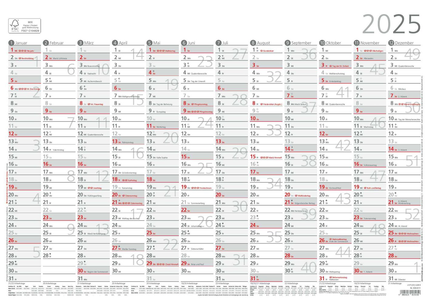 Zettler - Plakatkalender 2025, 42x29,7cm, Jahresplaner mit Jahresübersicht, 12 Monate auf 1 Seite, Mondphasen, Arbeitstage-, Tages- und Wochenzählung, Ferientermine und deutsches Kalendarium