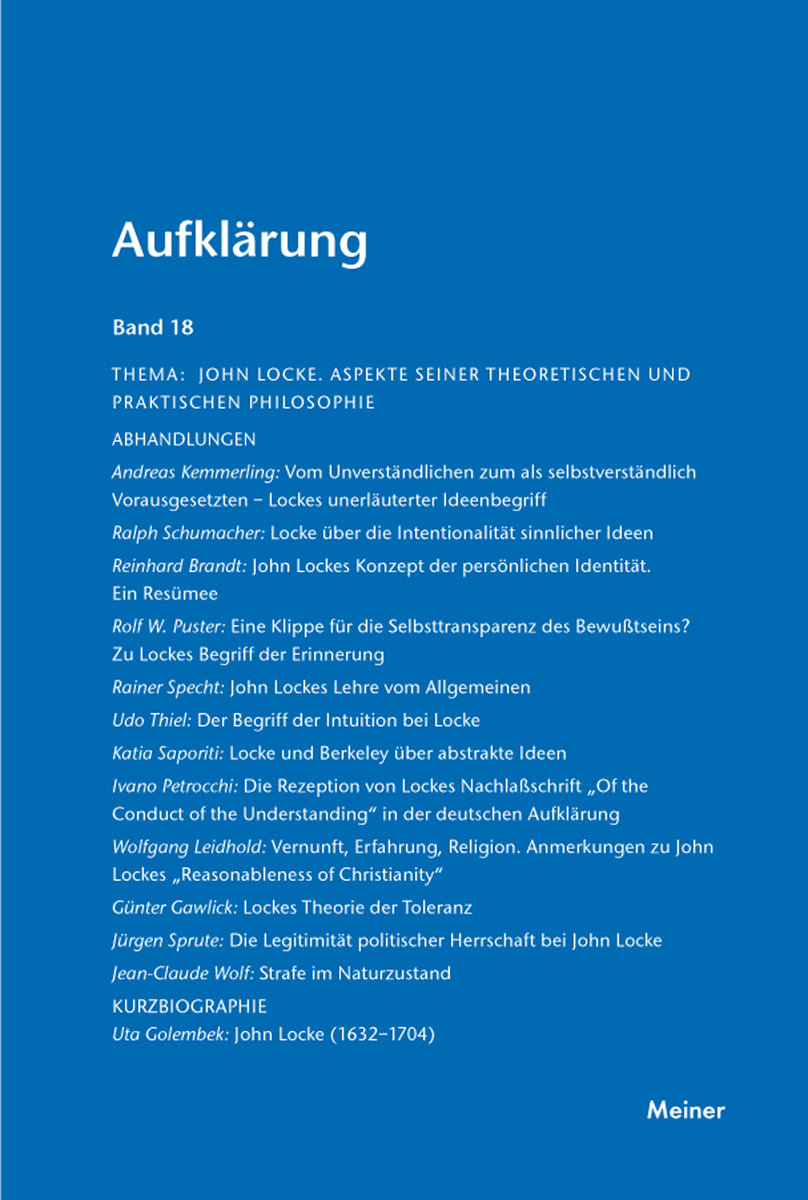 Aufklärung, Band 18: John Locke. Aspekte seiner theoretischen und praktischen Philosophie