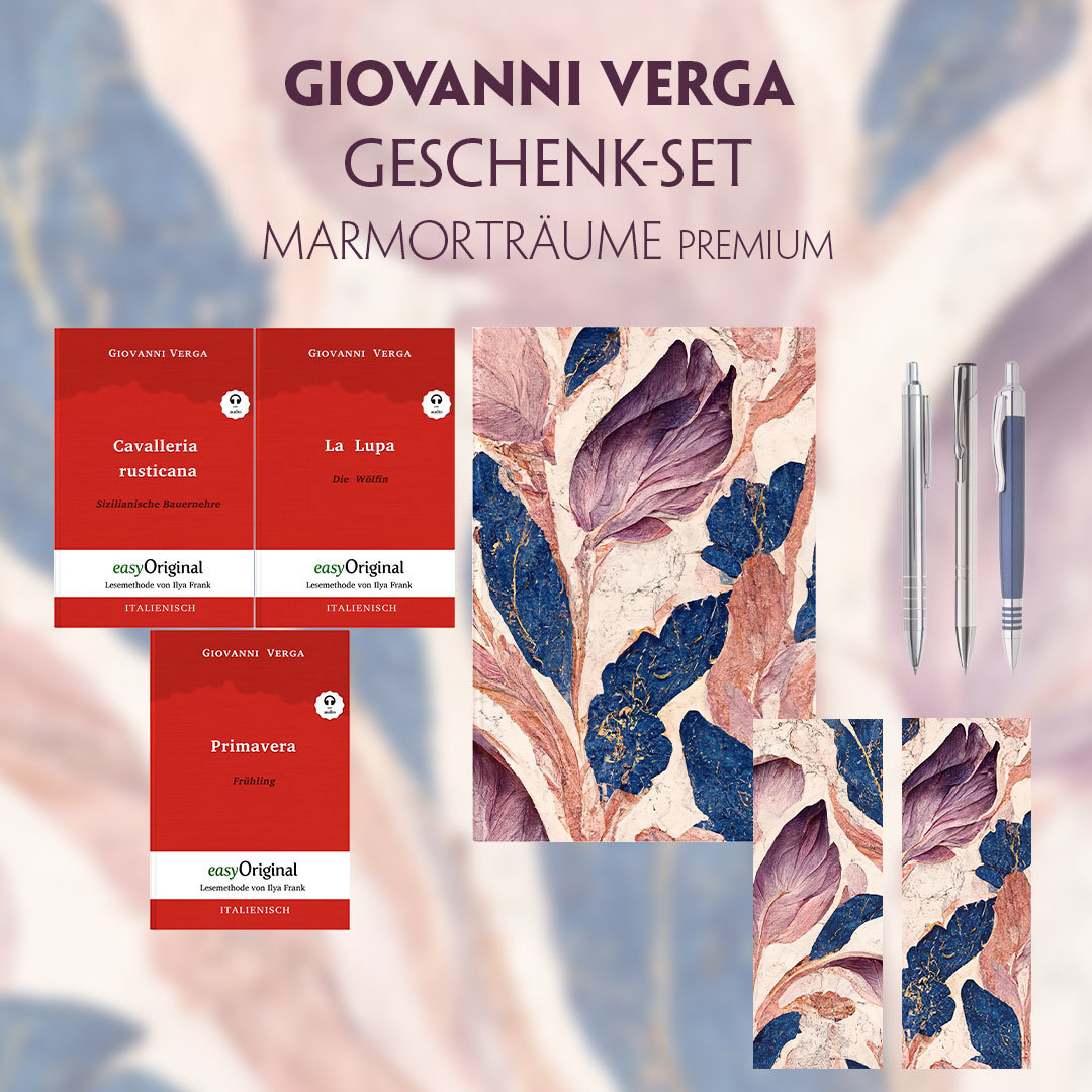 Giovanni Verga Geschenkset - 3 Bücher (mit Audio-Online) + Marmorträume Schreibset Premium